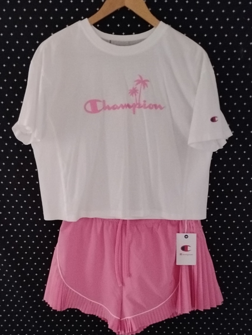 Champion White Cropped Tee with Pink Logo & Pink Pleated Shorts
